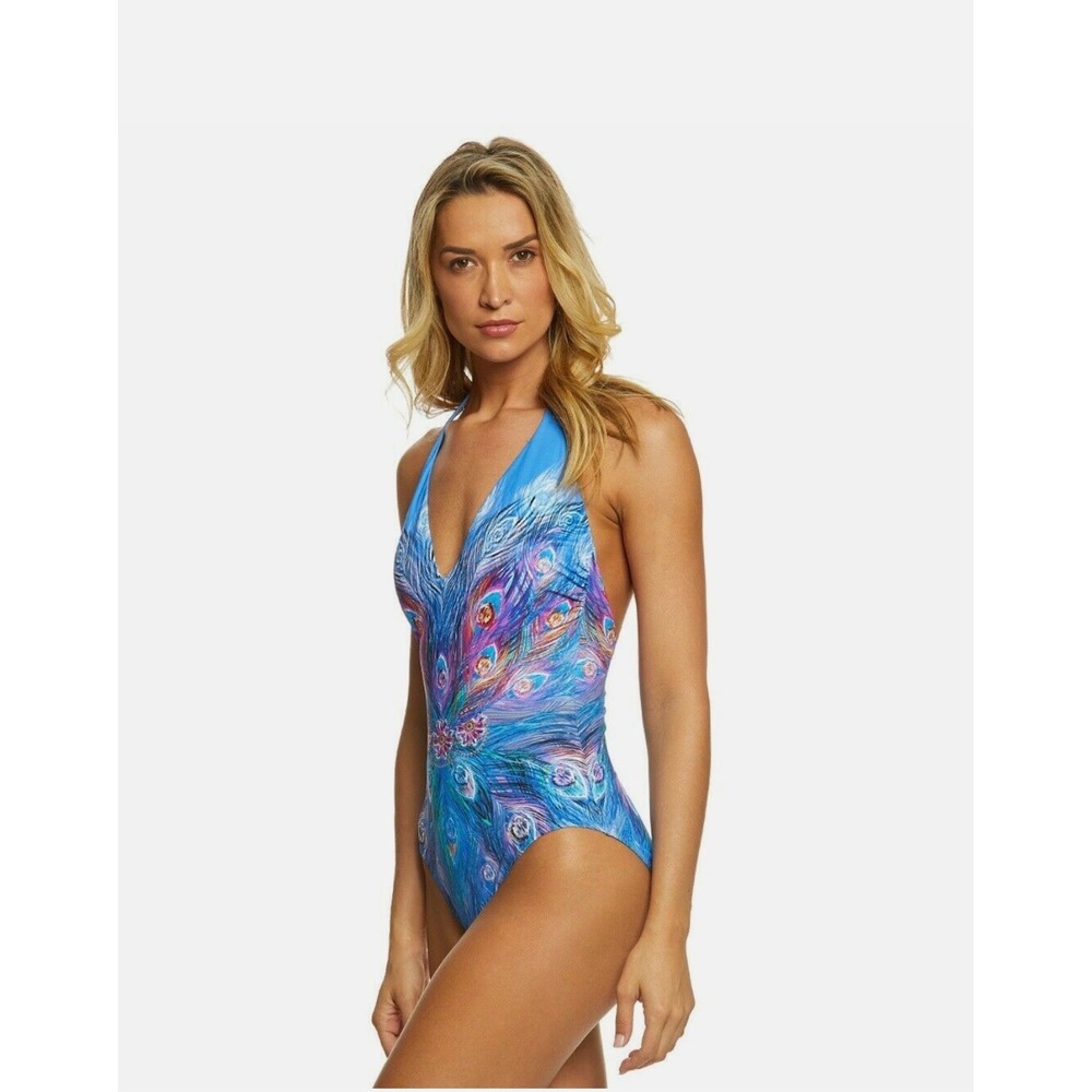 Gottex Peacock Feather Print Halter One Piece Swimsuit Blue Gold Size 14
